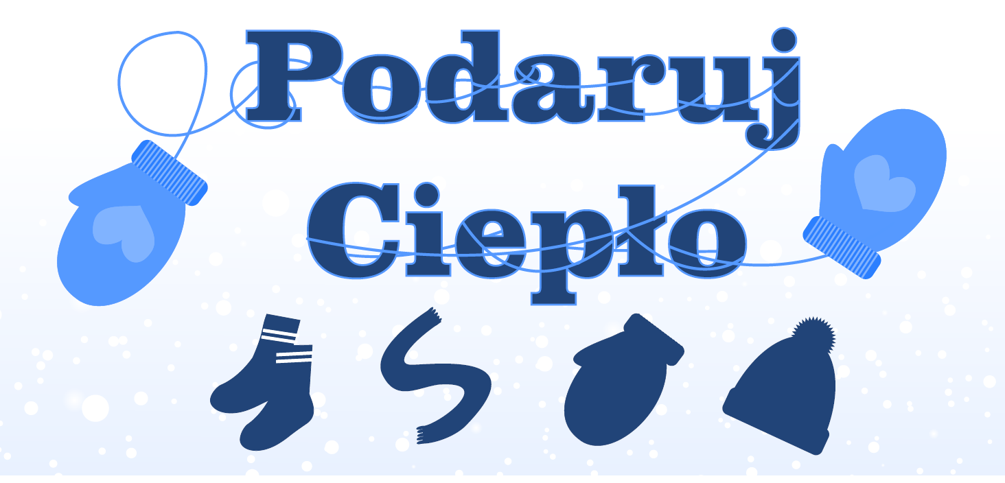 Logo akcji Podaruj Ciepło, pod napisem grafika przedstawiająca skarpety, szalik, rękawiczkę, czapkę